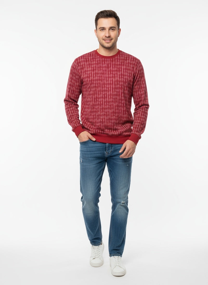 Men What's New Red Patterned Crewneck Sweater Front View