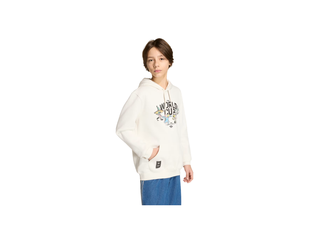 Person wearing a white hoodie with text and graphics on a white background