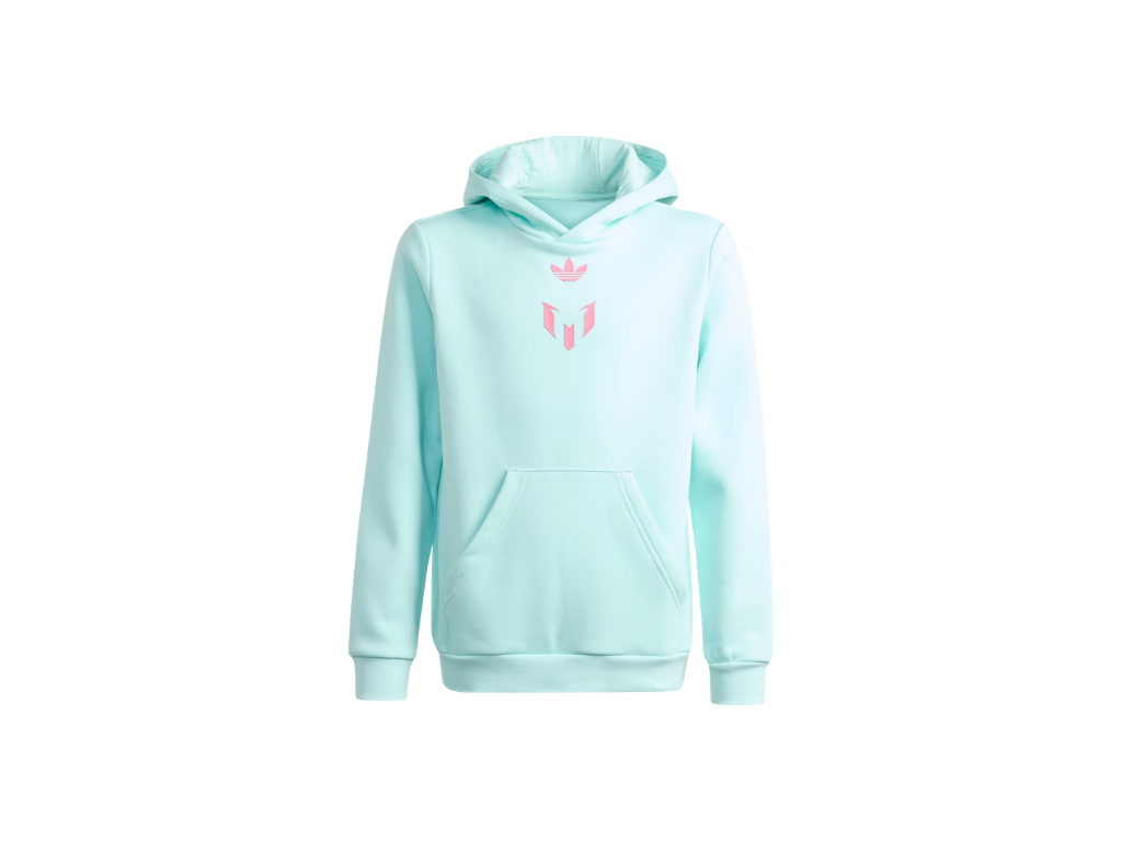 Light blue hoodie with a pink logo on a white background