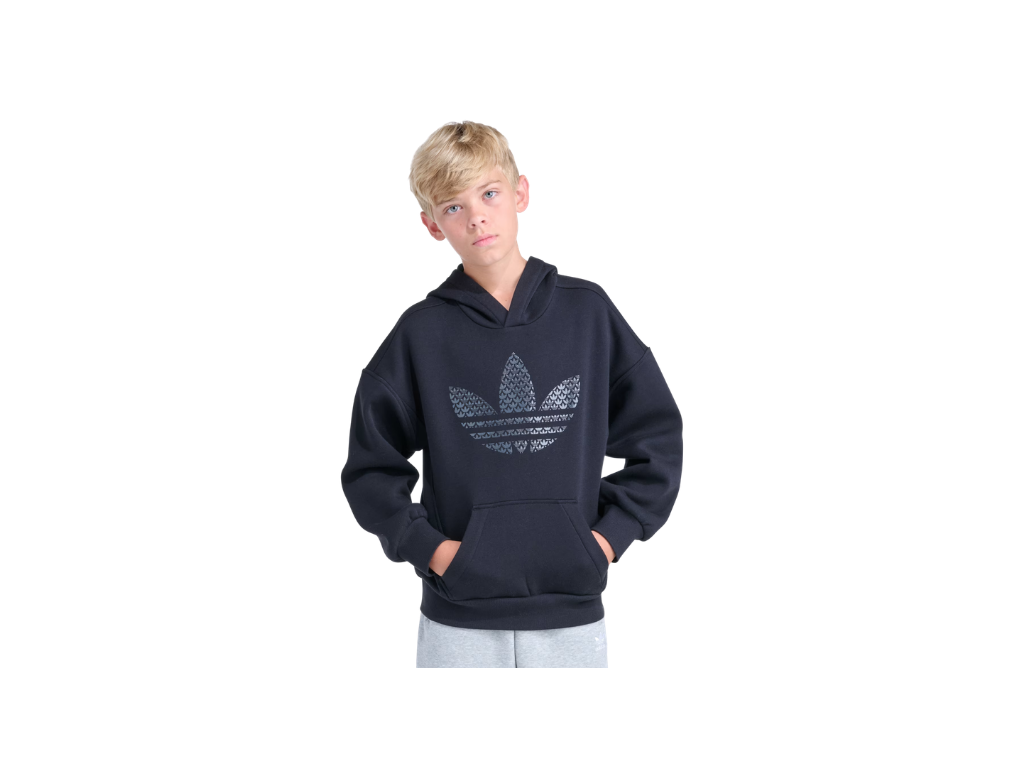 Person wearing a black hoodie with a logo on a white background