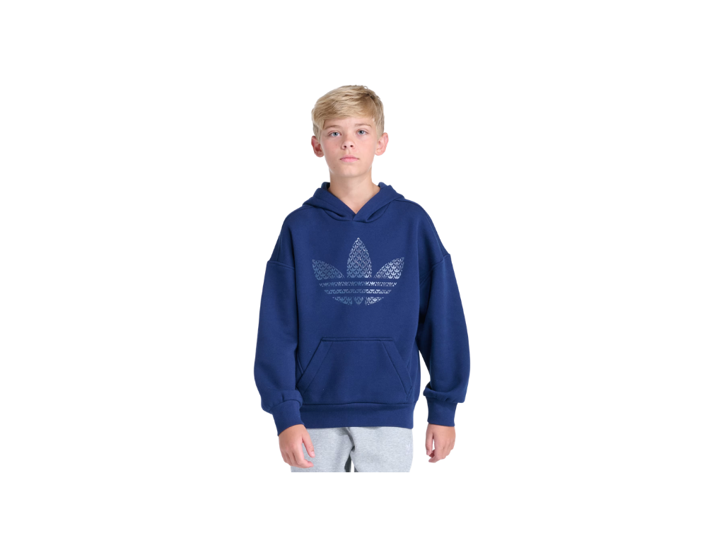 Child wearing a blue Adidas hoodie on a white background