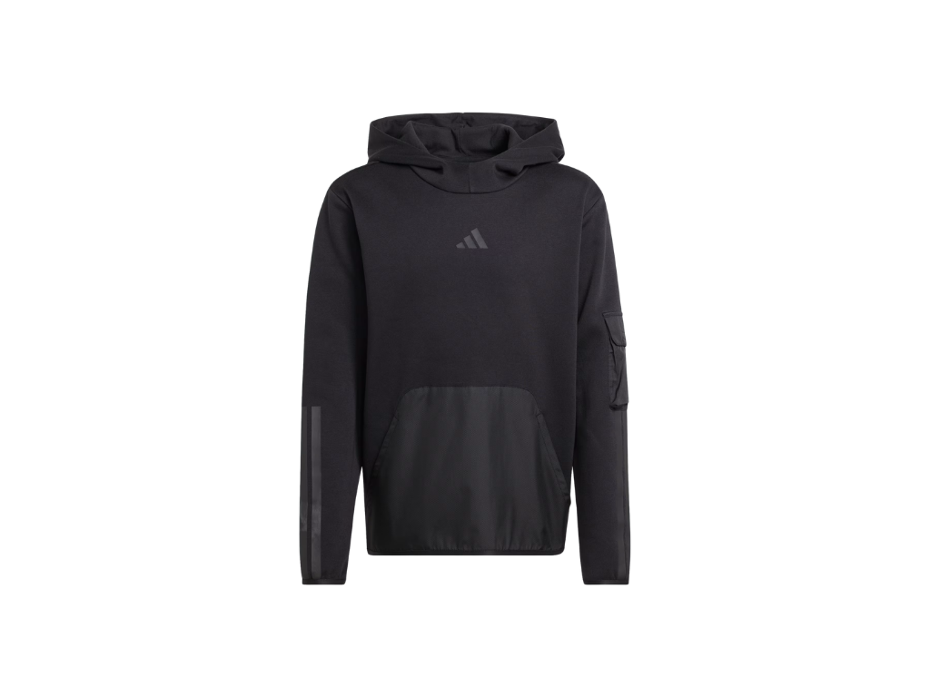 Black hoodie with Adidas logo on a white background