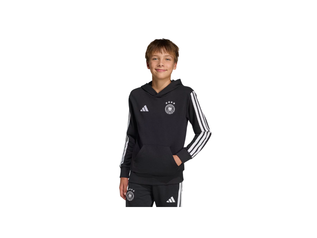 Person wearing a black Adidas hoodie and shorts on a white background