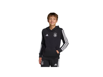 Person wearing a black Adidas hoodie and shorts on a white background