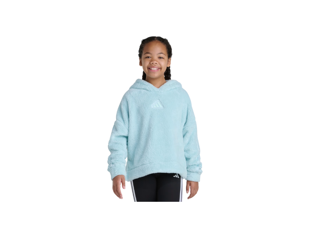 Girl wearing a pink Adidas hoodie and black pants on a white background