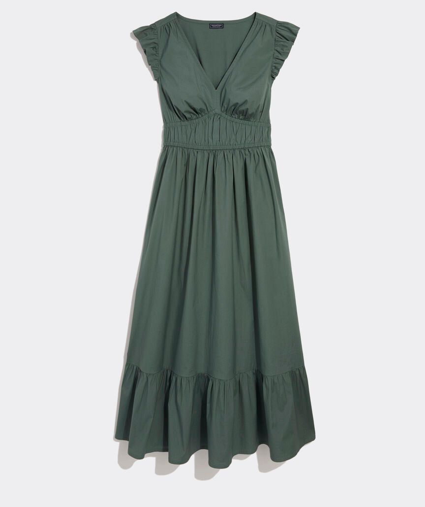 Marina Poplin Flutter-Sleeve Midi Dress