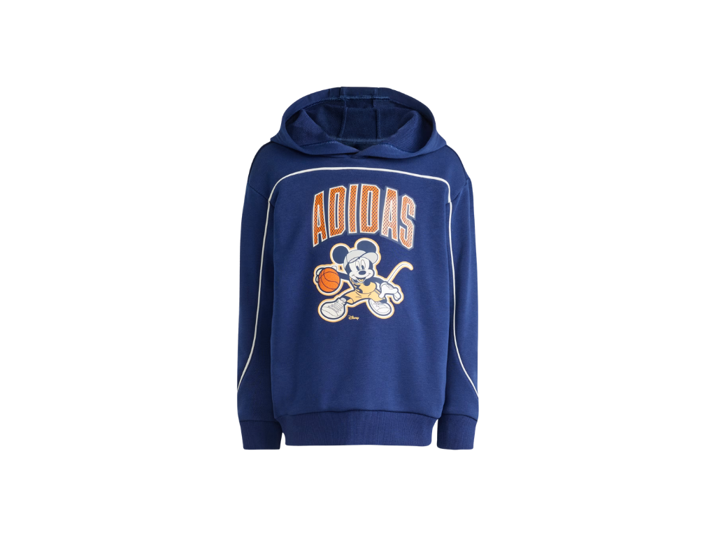 Blue hoodie with Adidas logo and cartoon character on a white background