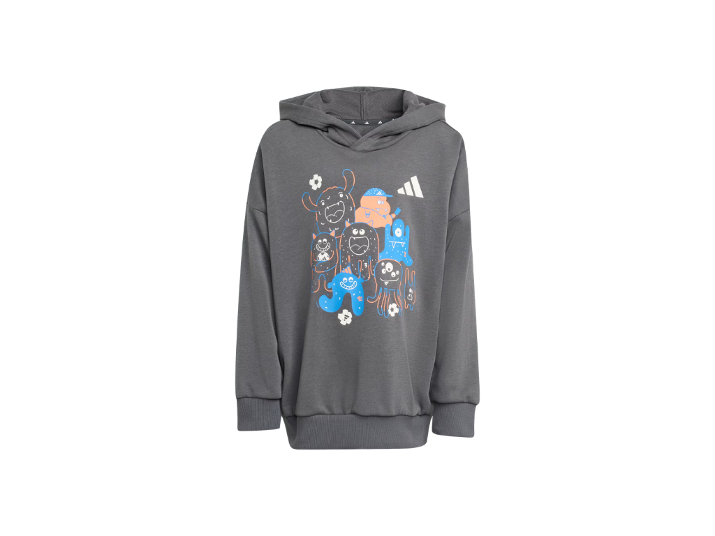Gray hoodie with cartoon characters and an Adidas logo on a white background