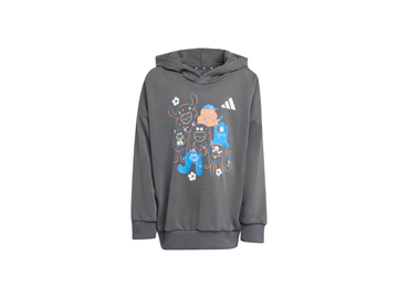 Gray hoodie with cartoon characters and an Adidas logo on a white background