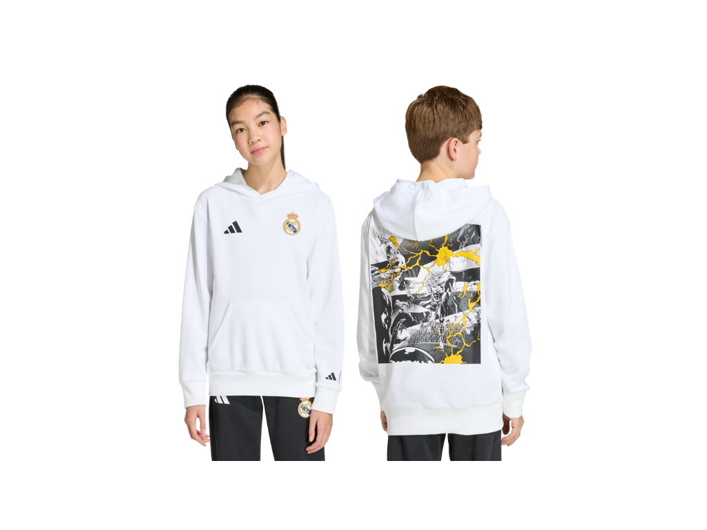 Two people wearing white hoodies with different designs on a white background