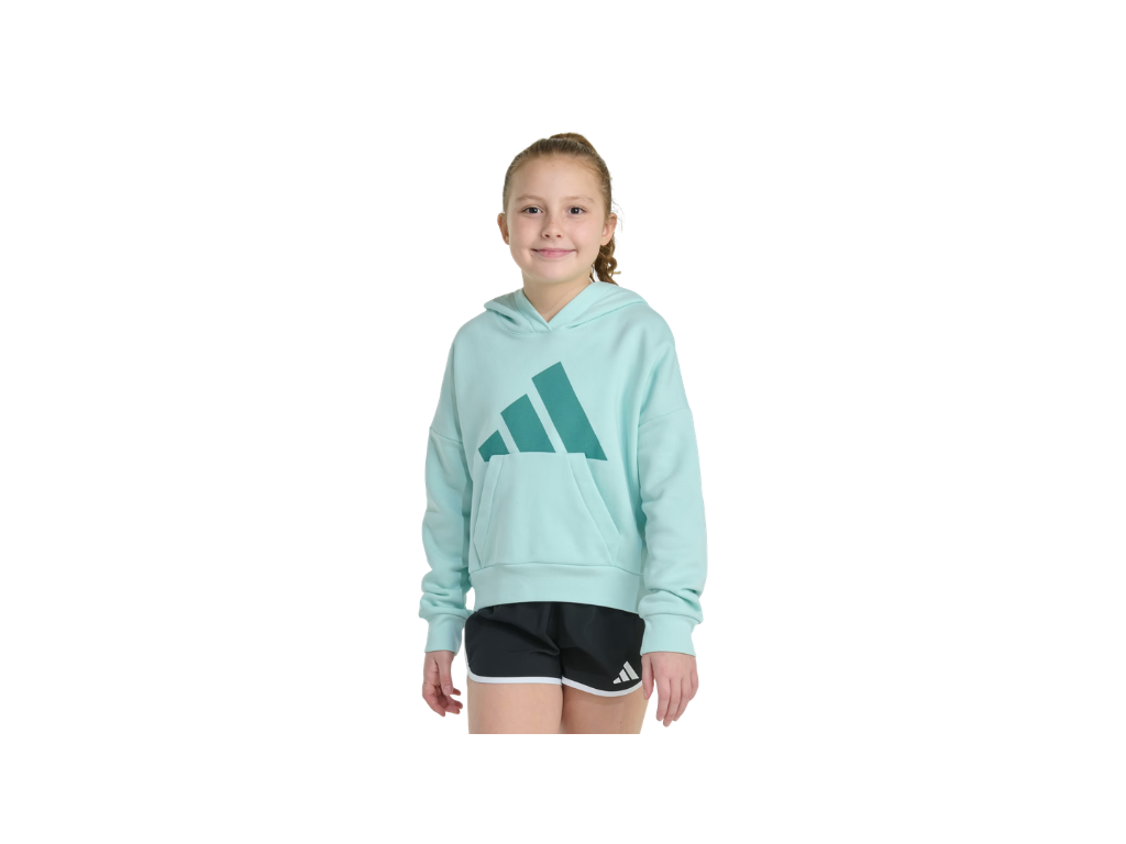 Child wearing a light blue Adidas hoodie and black shorts on a white background