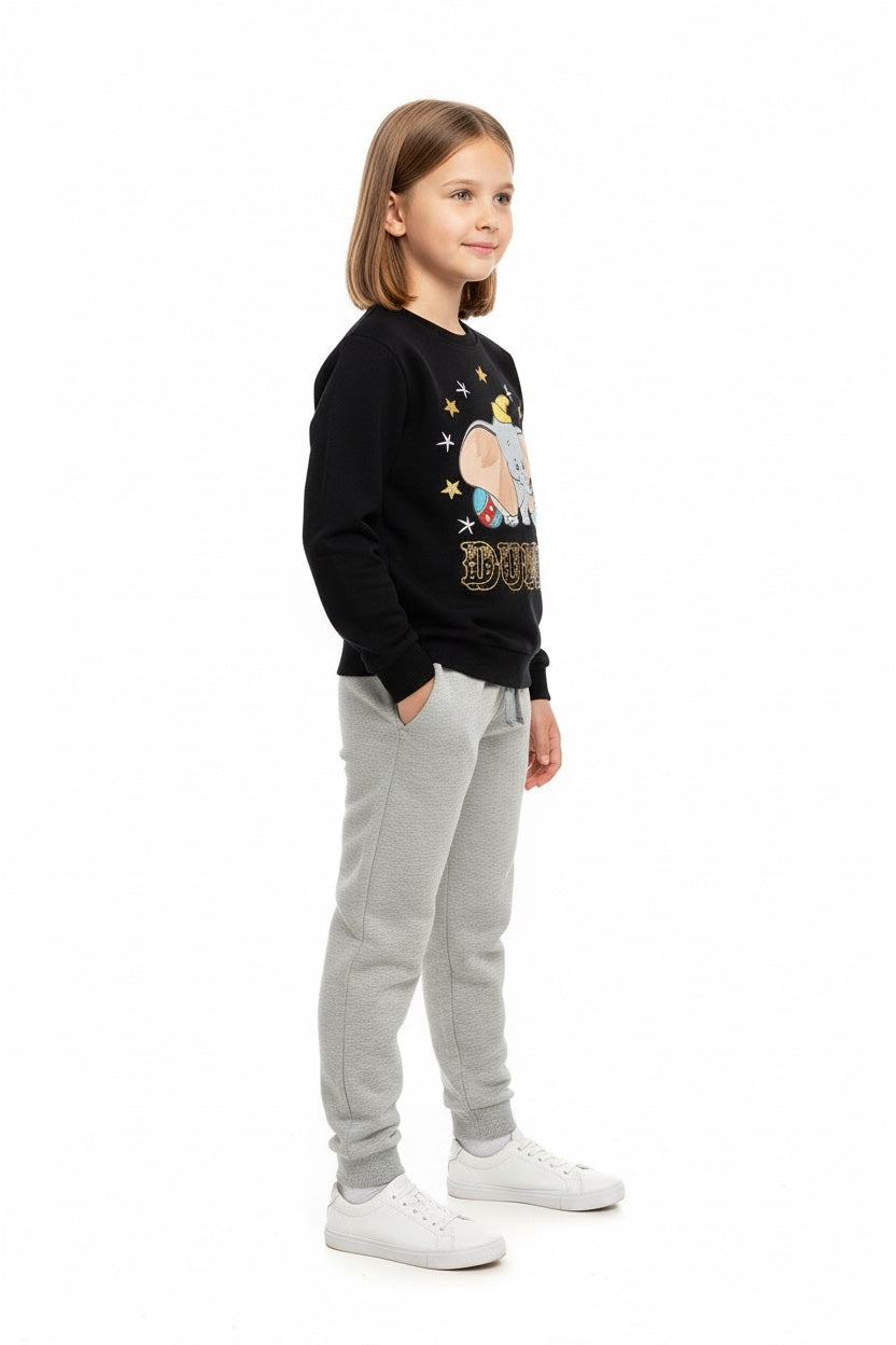 Girls Dumbo print black sweatshirt grey jogger tracksuit side view