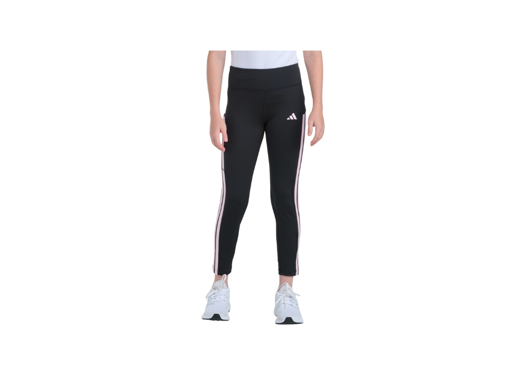 Black Adidas leggings with white stripes on a white background