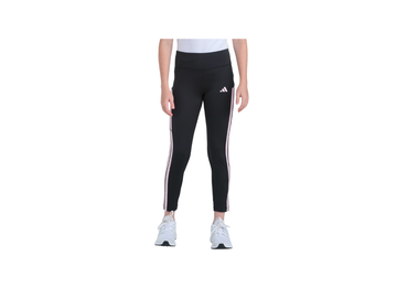 Black Adidas leggings with white stripes on a white background