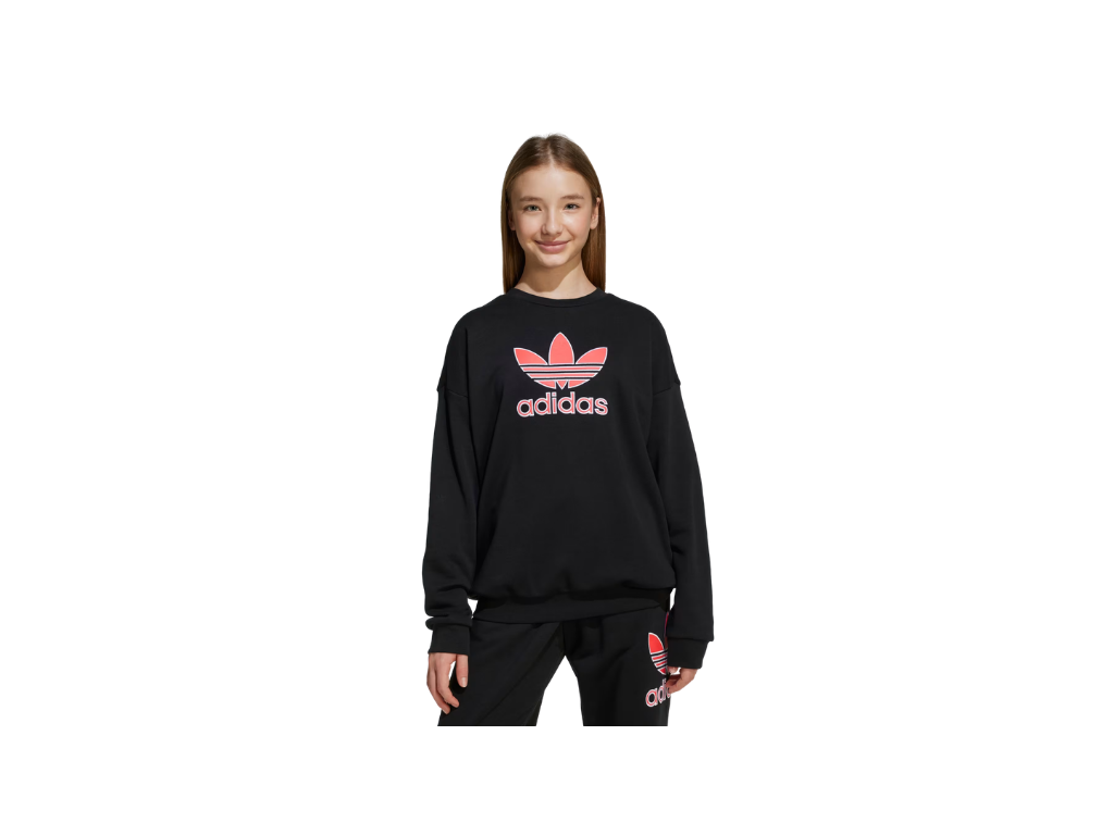 Person wearing a black Adidas sweatshirt with pink logo on a white background