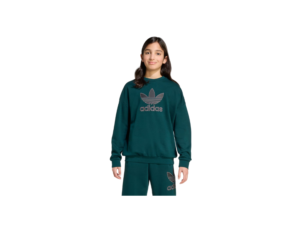 Person wearing a green Adidas tracksuit on a white background