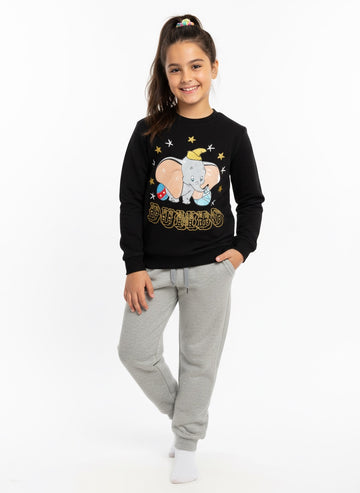 Girls Dumbo print black sweatshirt grey jogger tracksuit front view