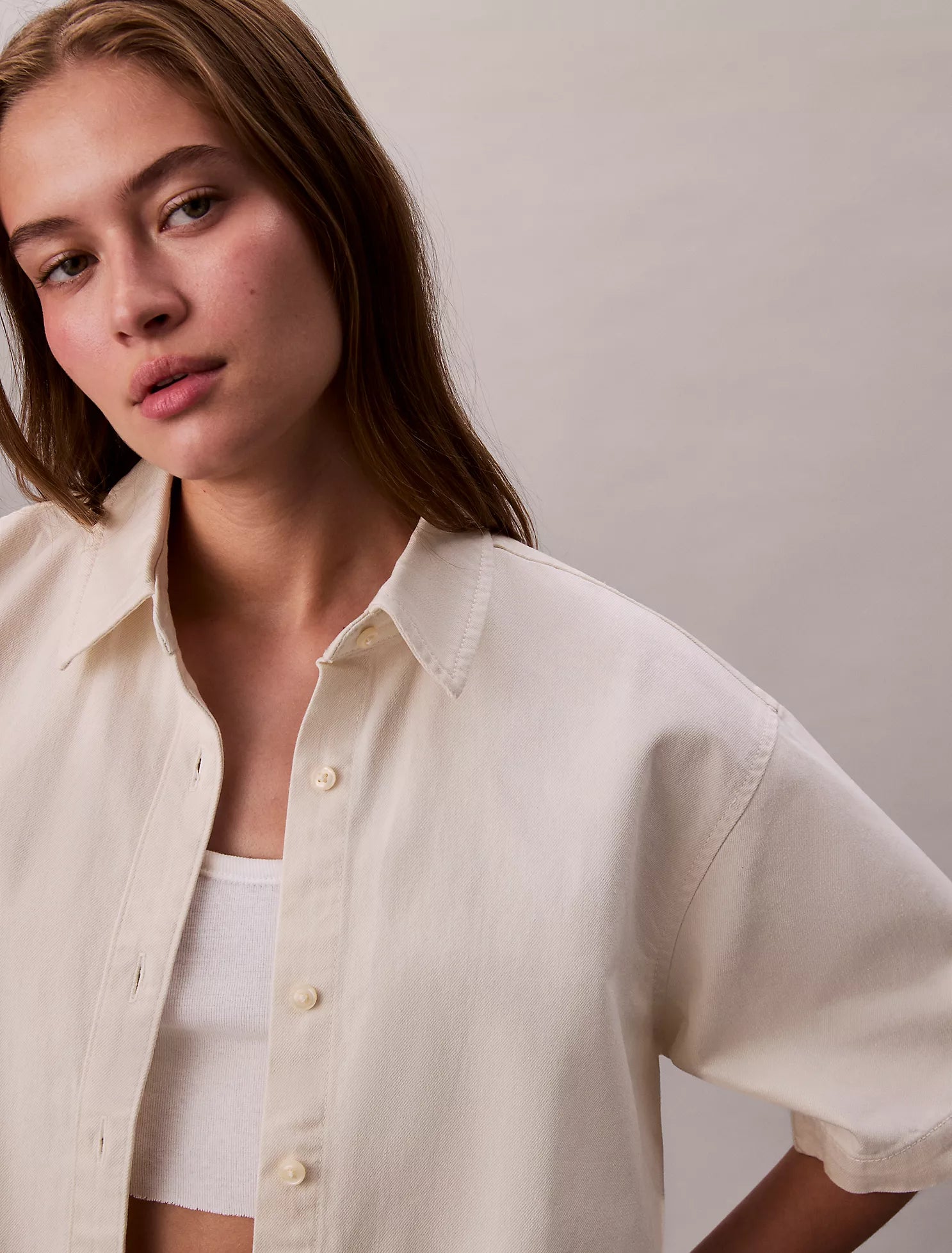 Denim Cropped Relaxed Button-Down Shirt