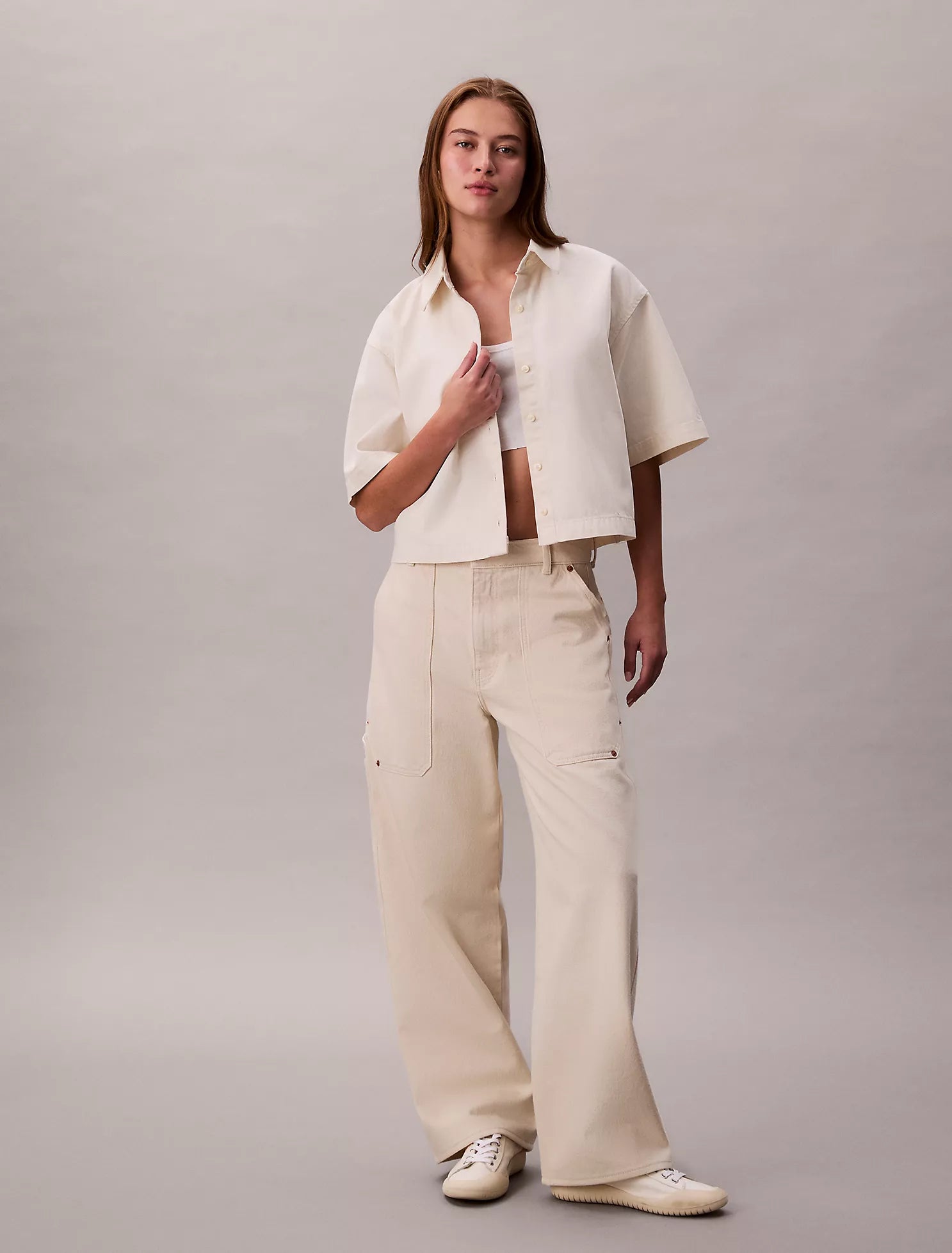 Denim Cropped Relaxed Button-Down Shirt