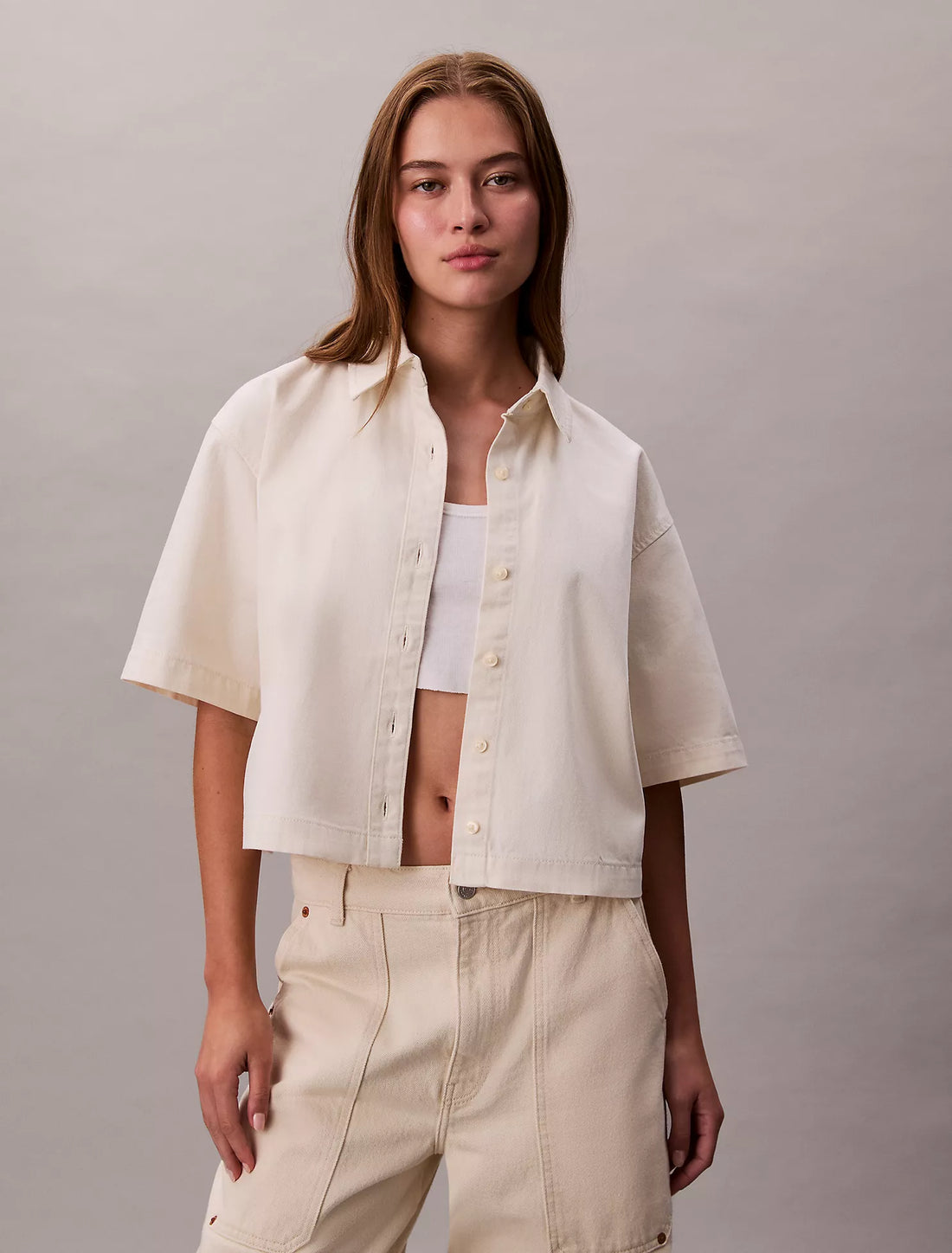 Denim Cropped Relaxed Button-Down Shirt