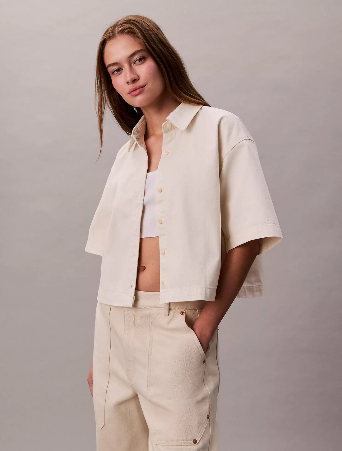 Denim Cropped Relaxed Button-Down Shirt