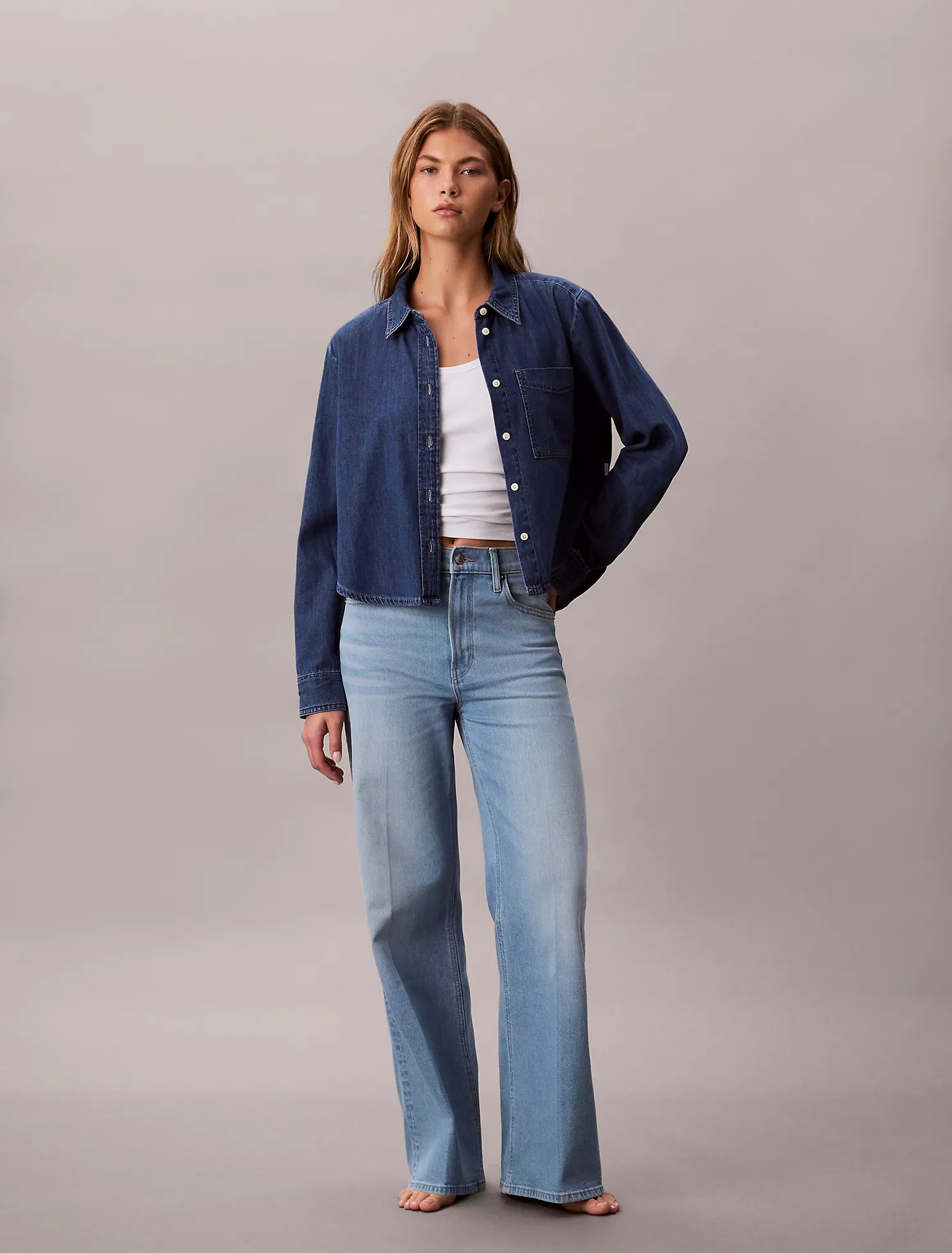 Denim Cropped Relaxed Button-Down Shirt