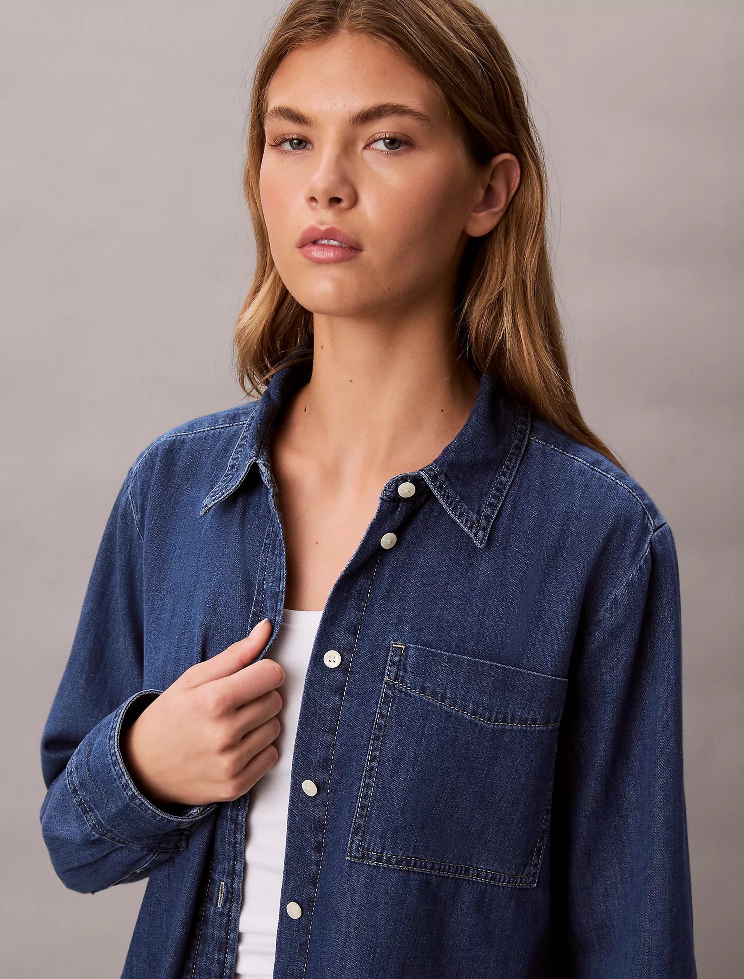 Denim Cropped Relaxed Button-Down Shirt