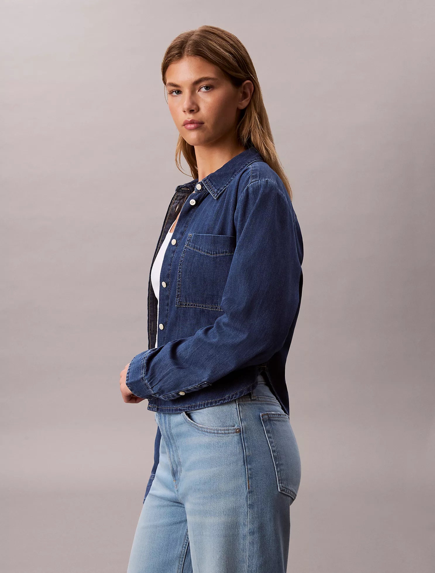 Denim Cropped Relaxed Button-Down Shirt