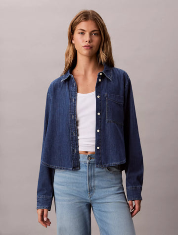 Denim Cropped Relaxed Button-Down Shirt