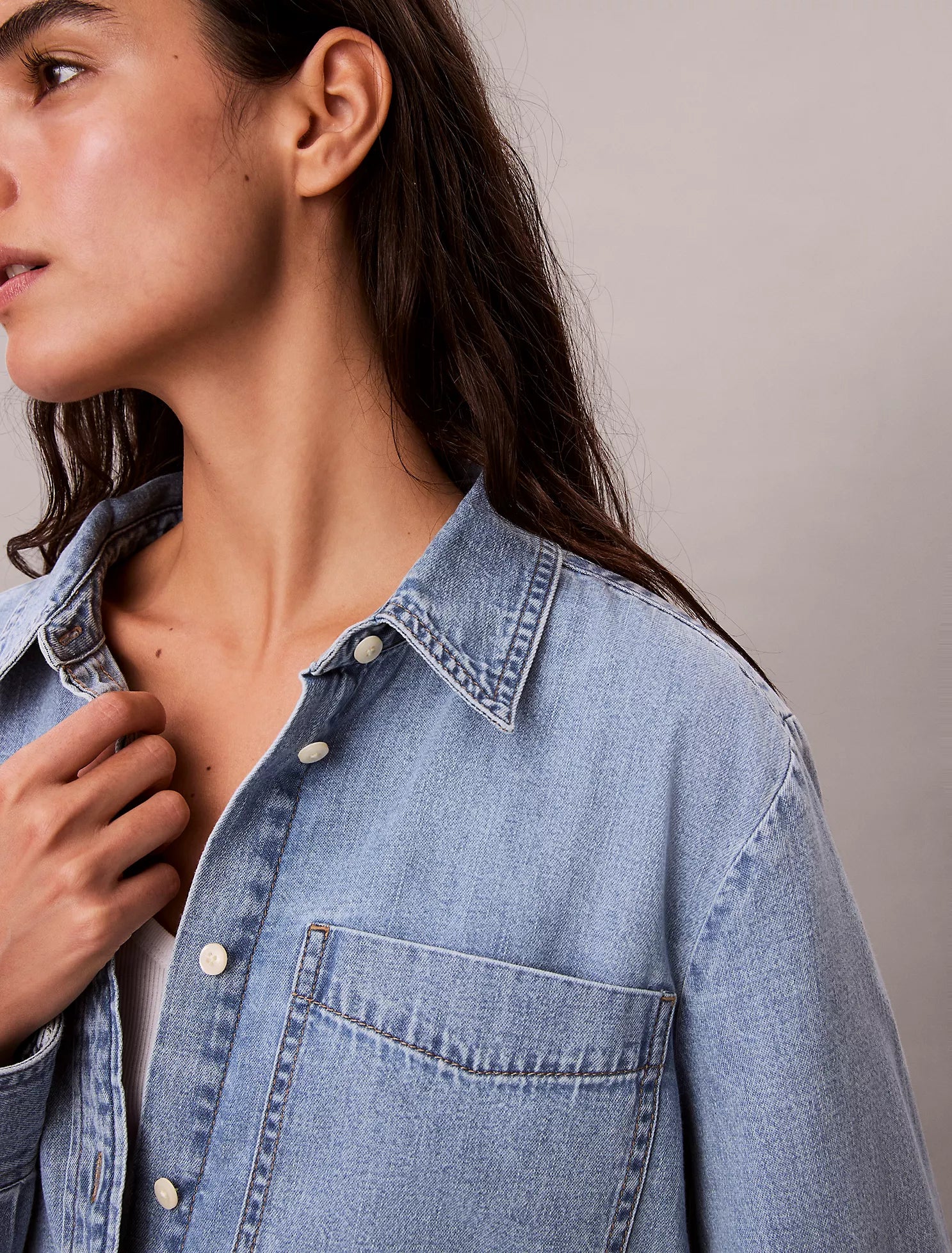 Denim Cropped Relaxed Button-Down Shirt