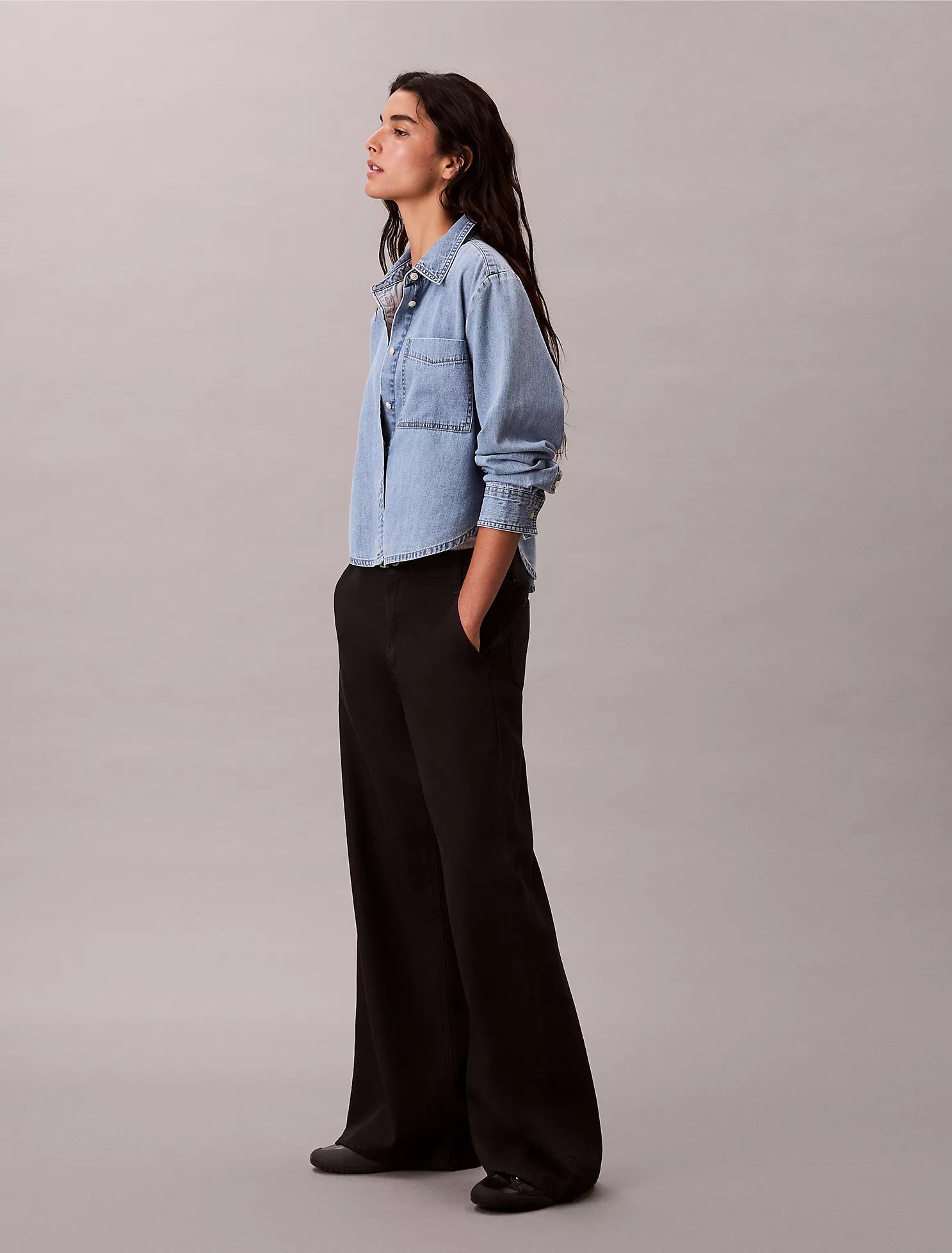 Denim Cropped Relaxed Button-Down Shirt