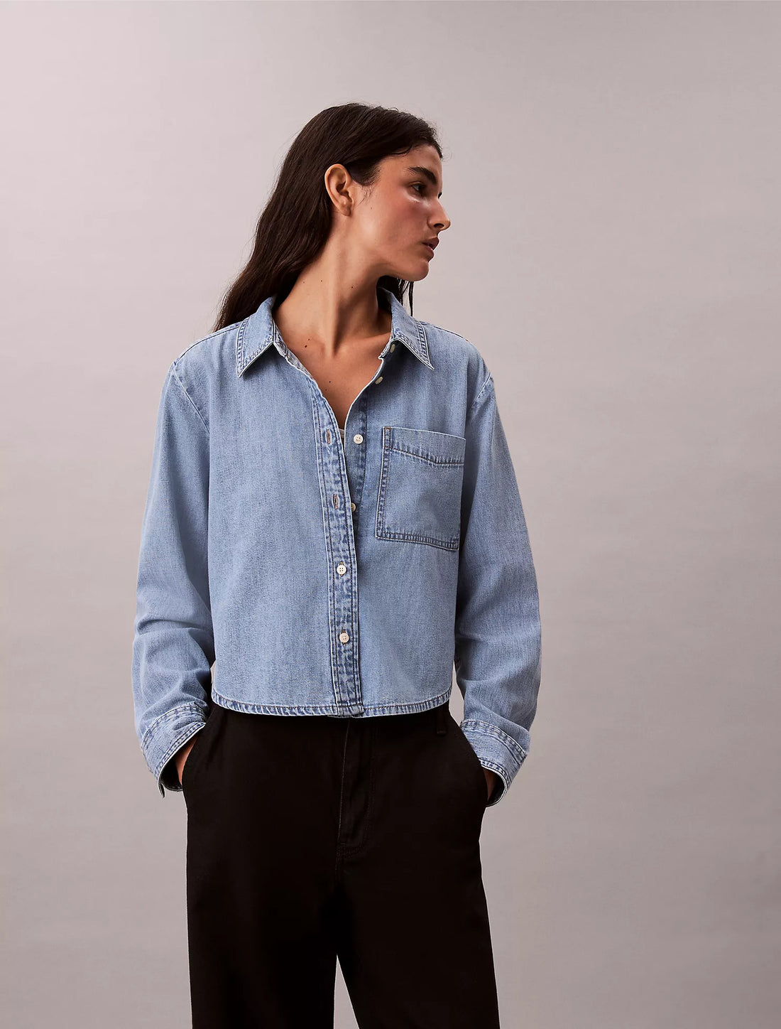 Denim Cropped Relaxed Button-Down Shirt