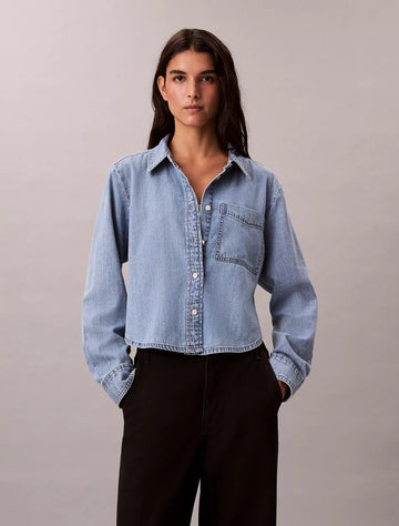 Denim Cropped Relaxed Button-Down Shirt