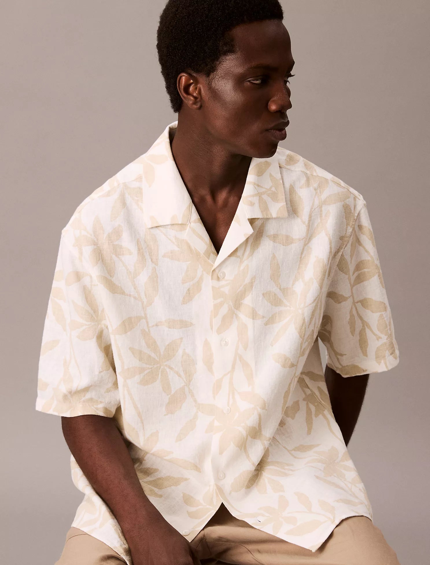 Linen Cotton Print Relaxed Button-Down Shirt