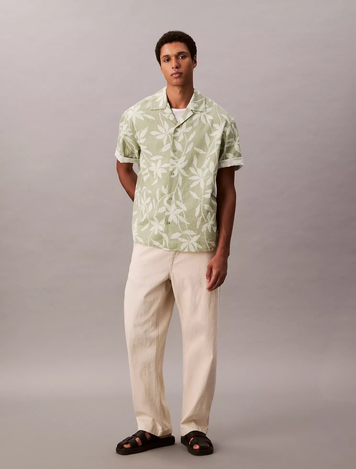 Linen Cotton Print Relaxed Button-Down Shirt