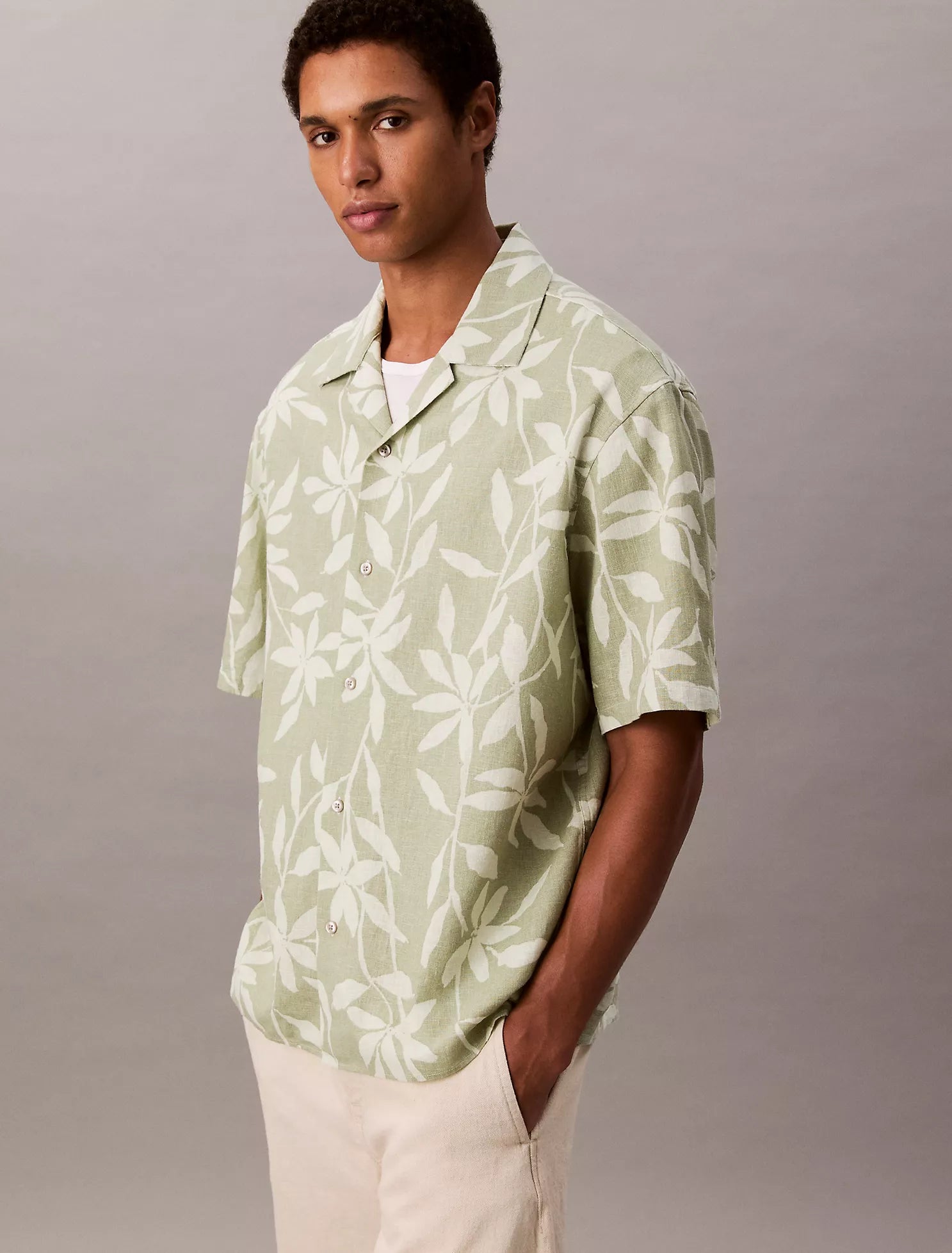 Linen Cotton Print Relaxed Button-Down Shirt