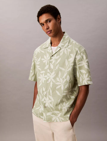 Linen Cotton Print Relaxed Button-Down Shirt