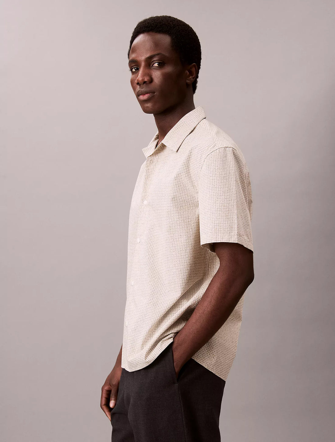 Grid Print Relaxed Button-Down Shirt