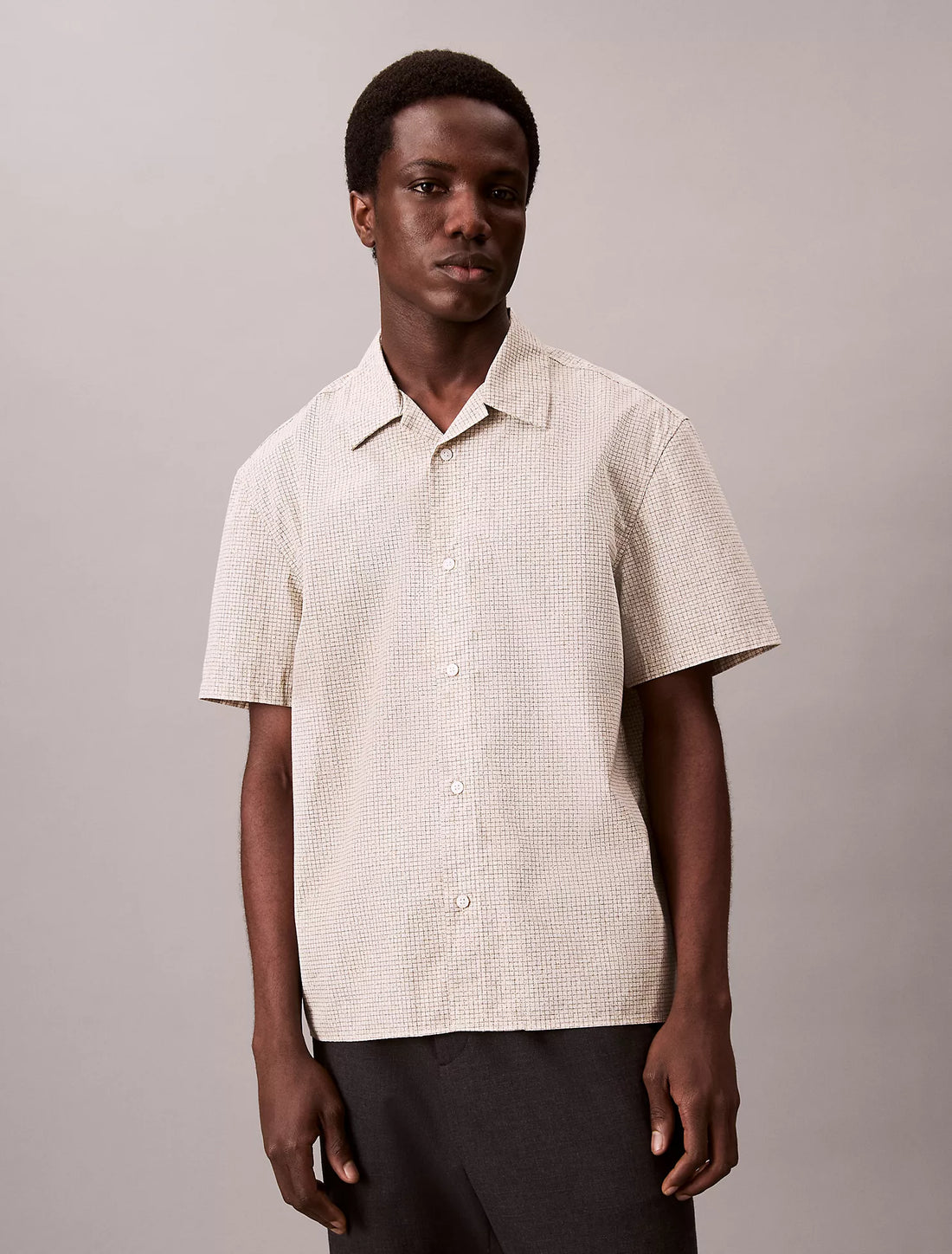 Grid Print Relaxed Button-Down Shirt