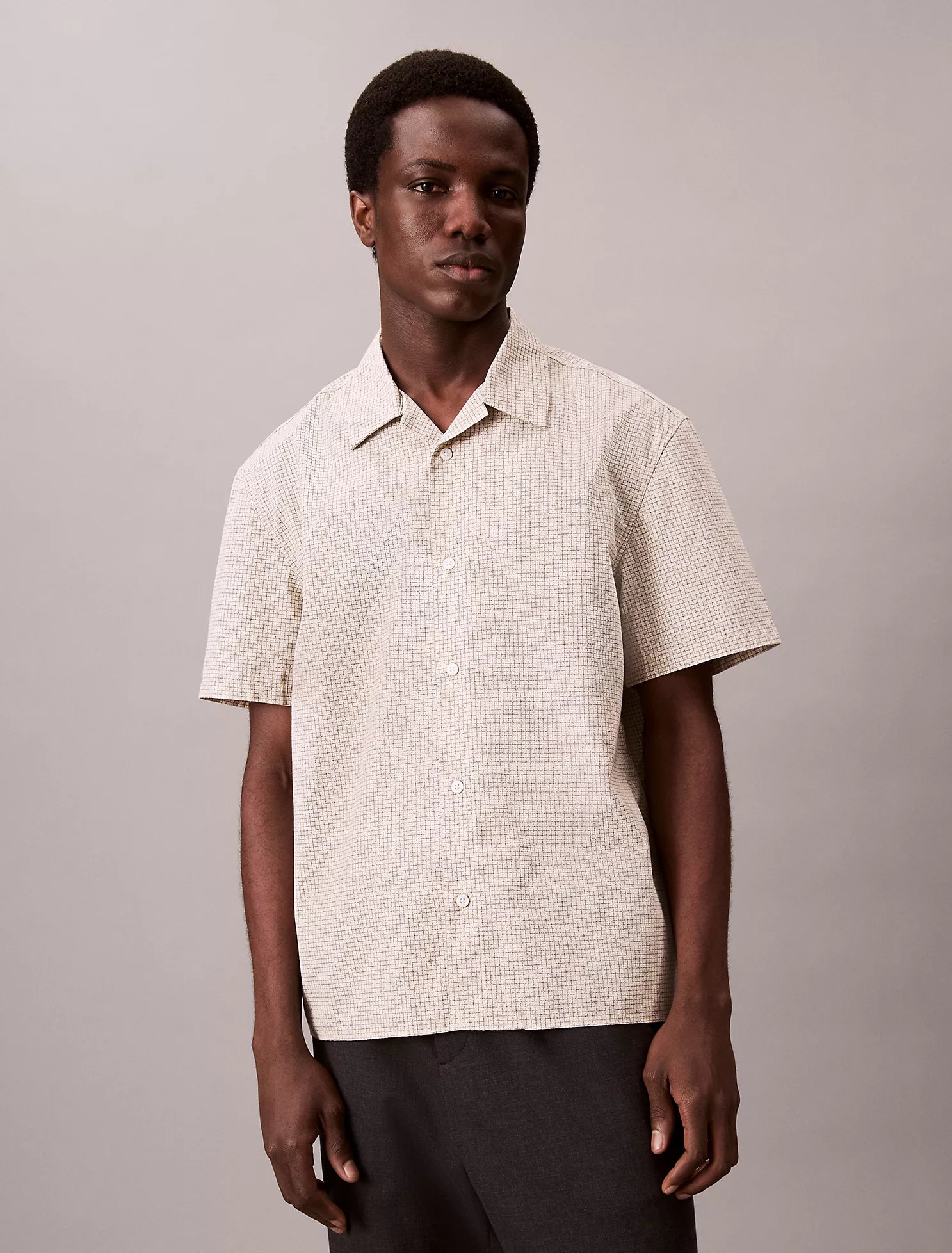Grid Print Relaxed Button-Down Shirt