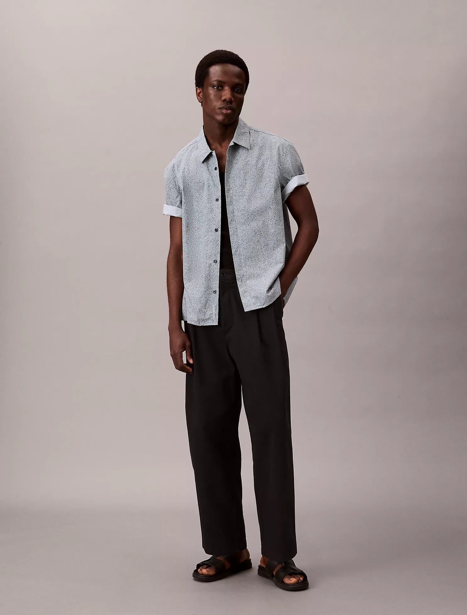 Grid Print Relaxed Button-Down Shirt