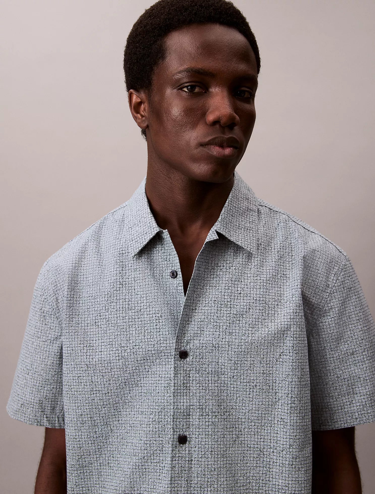 Grid Print Relaxed Button-Down Shirt