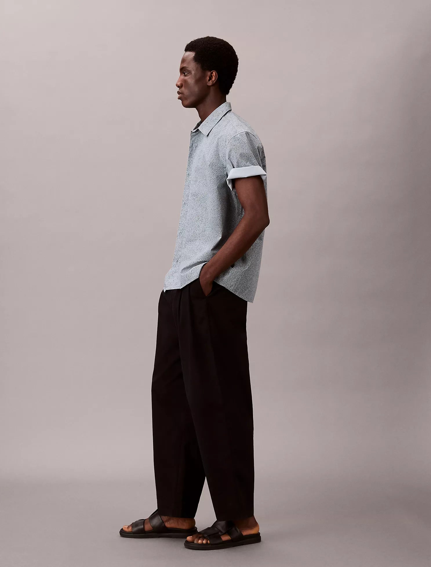 Grid Print Relaxed Button-Down Shirt