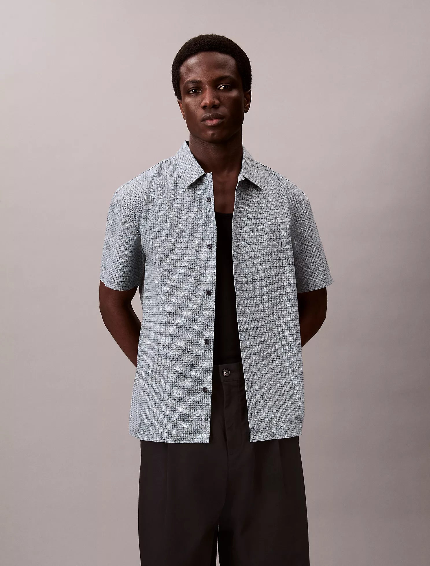 Grid Print Relaxed Button-Down Shirt