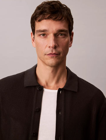Cotton Mesh Button-Down Sweater