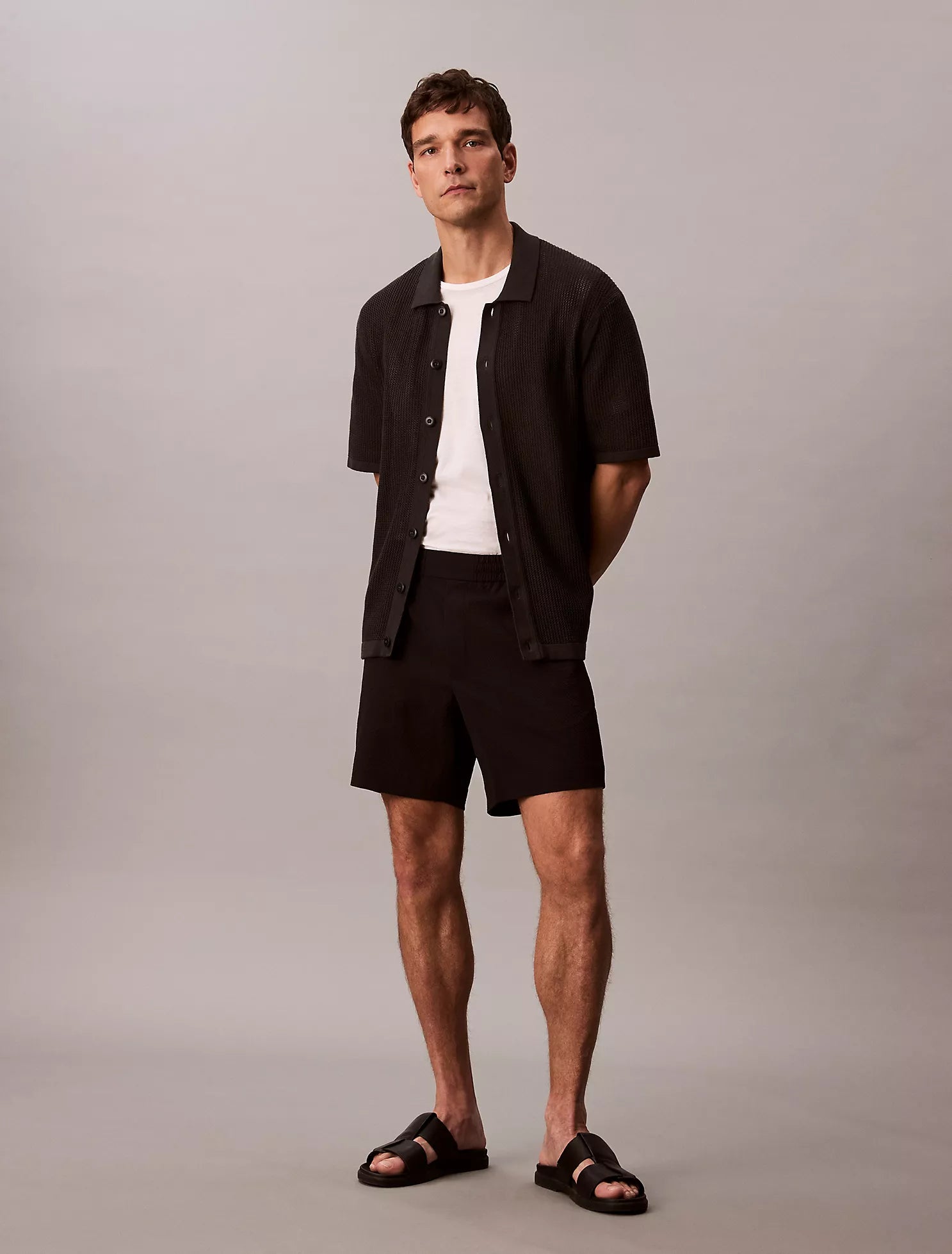 Cotton Mesh Button-Down Sweater