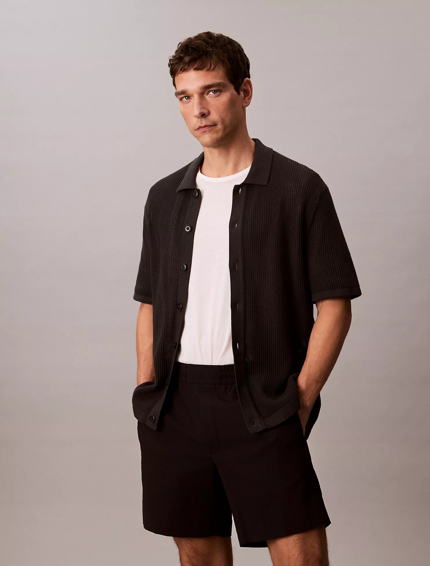 Cotton Mesh Button-Down Sweater