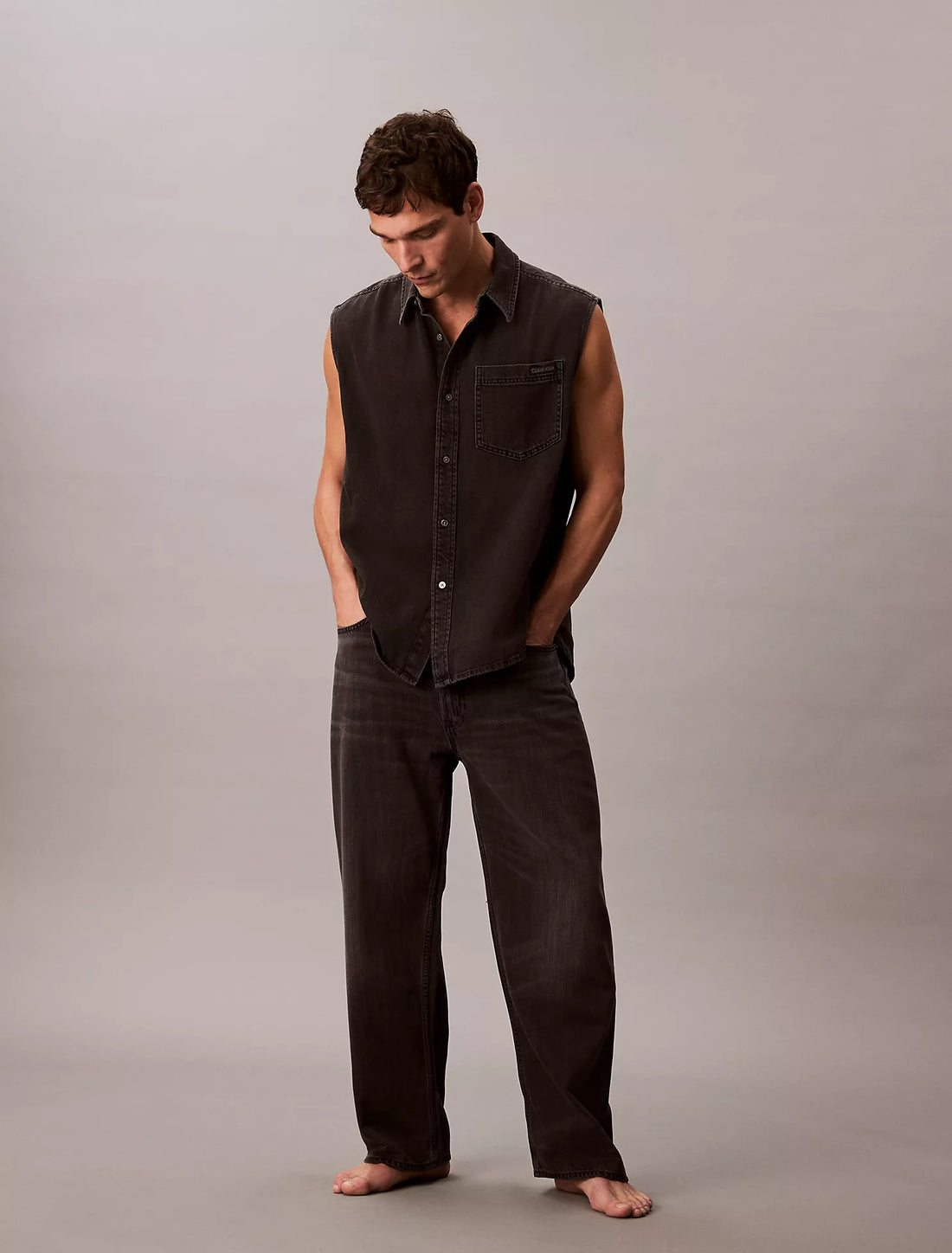 Denim Sleeveless Button-Down Shirt