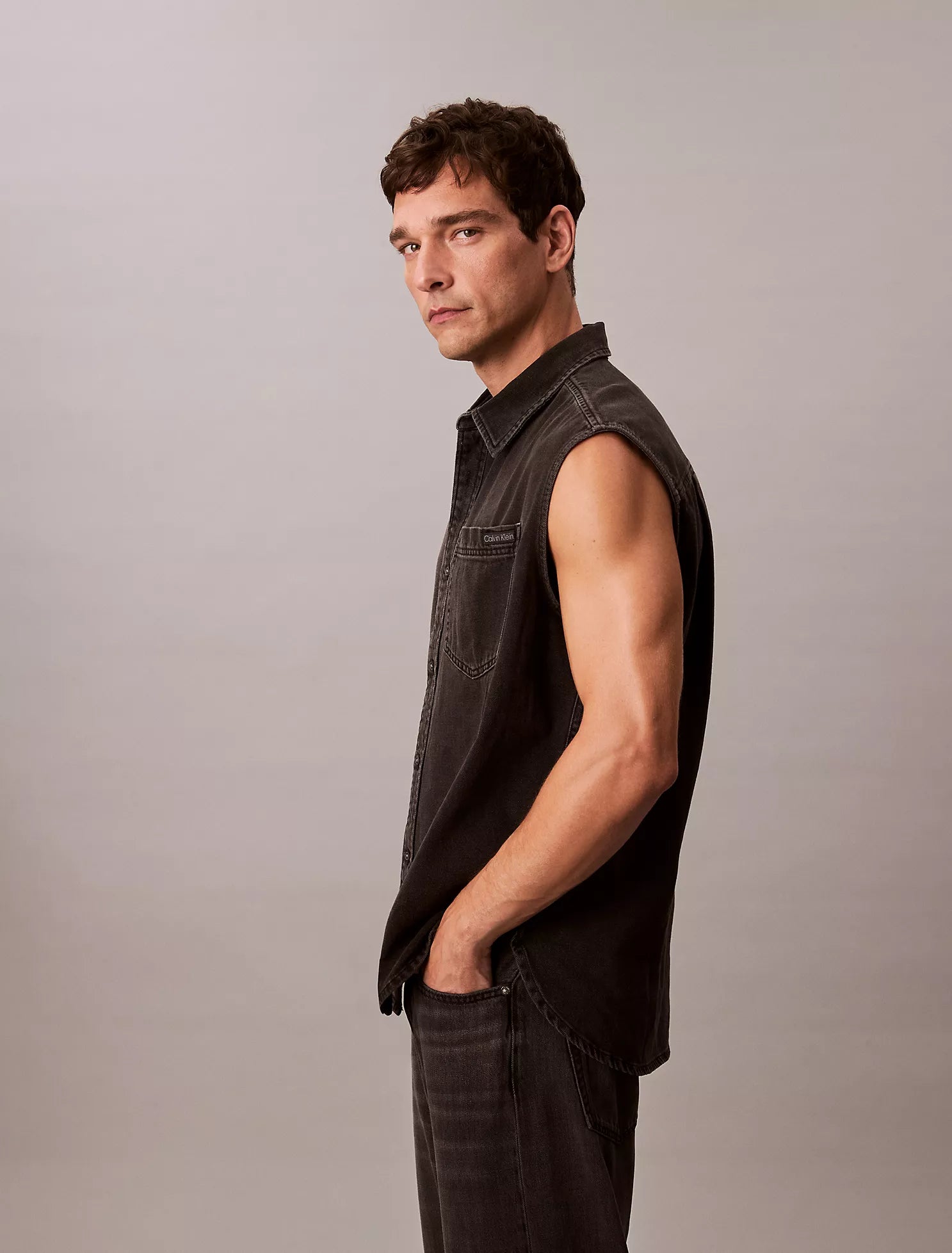 Denim Sleeveless Button-Down Shirt