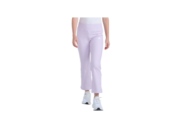 Person wearing light purple pants and white sneakers on a white background